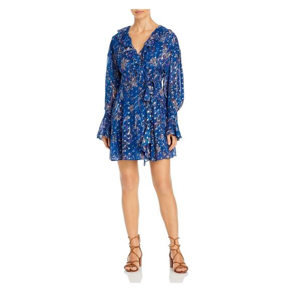 IRO Dresses & Skirts - IRO Womens Blue Paisley Long Sleeve Surplice Neckline Short Wrap Dress 36